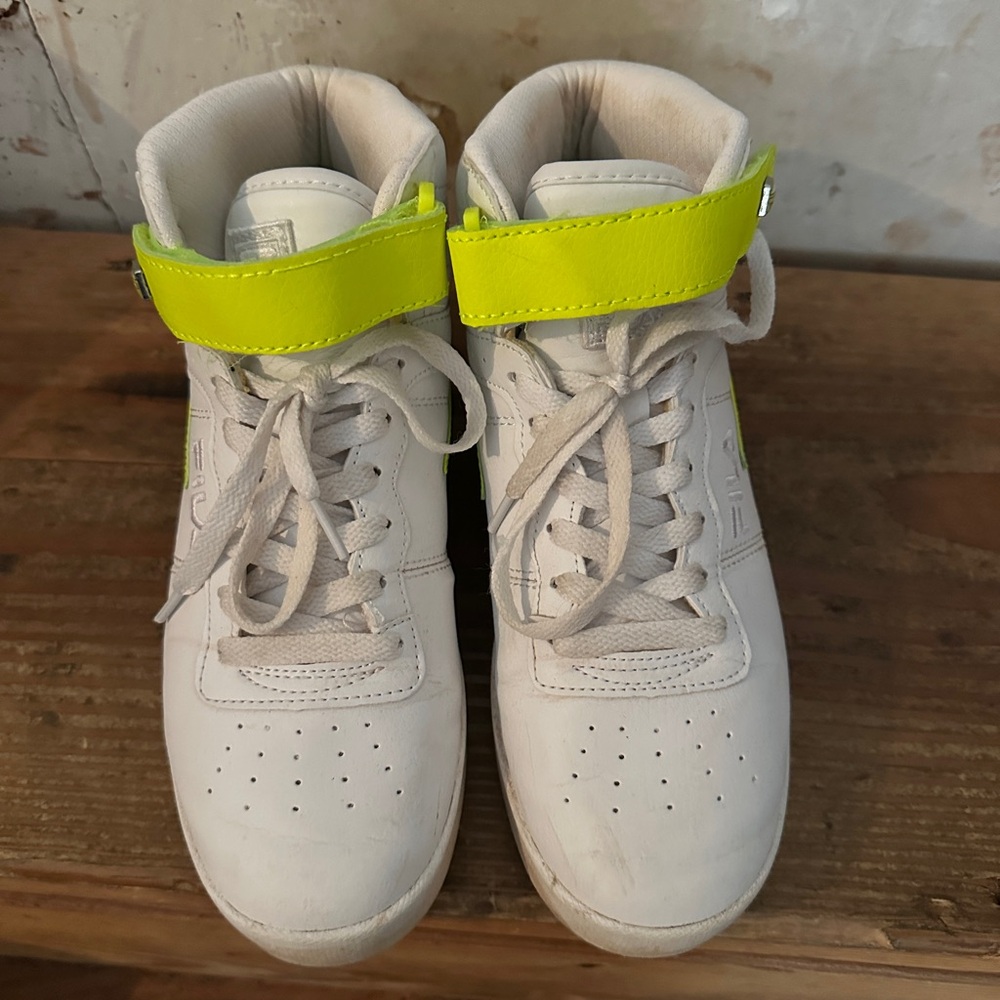 Fila White and Neon Green High-Top Sneakers